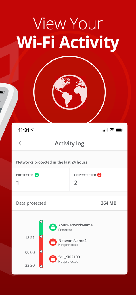 Screenshot des McAfee Safe VPN Connect Aktivitätsprotokolls mit geschütztem und ungeschütztem Netzwerkverlauf