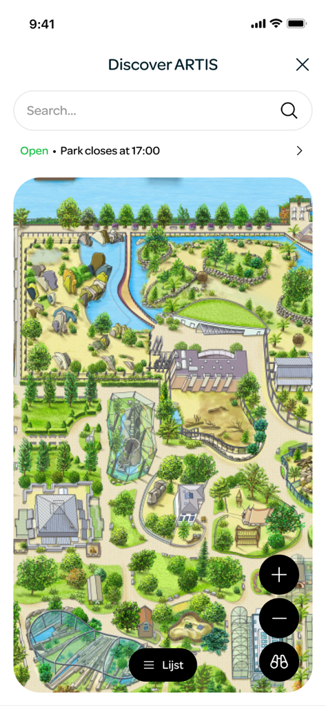 ARTIS Amsterdam - ARTIS アムステルダム動物園の詳細な経路と動物の囲いを示すインタラクティブデジタルマップ