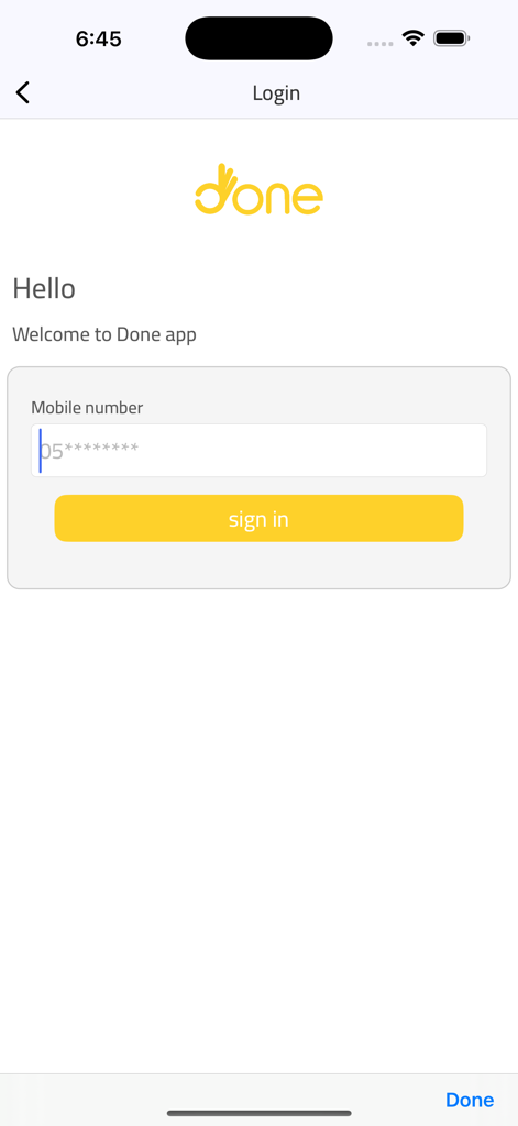 Done ksa - Login page of the Done ksa app featuring a mobile number input field and sign in button