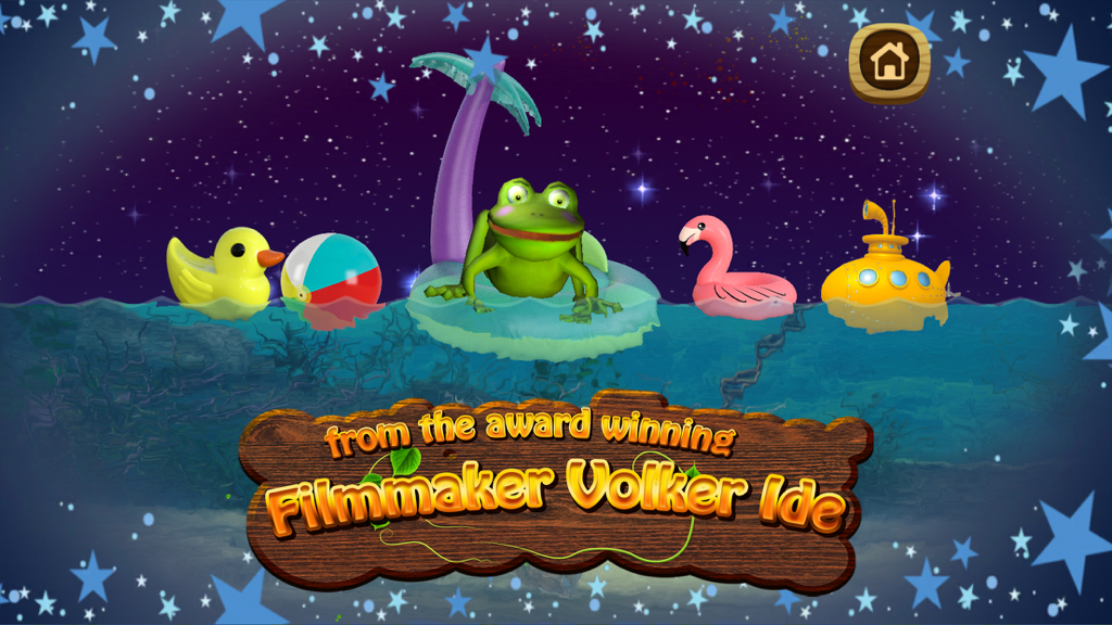 A frog sitting on a lily pad surrounded by floating toys under a starry night sky in the Nighty Night Kids Pro app