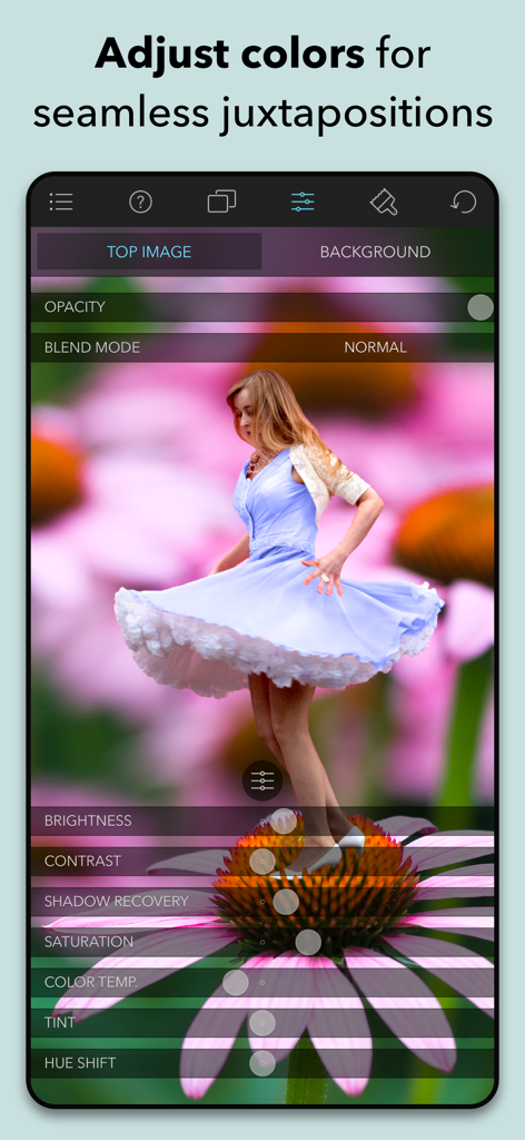 Captura de tela do aplicativo Juxtaposer mostrando ferramentas de ajuste de cor e iluminação para uma montagem de fotos