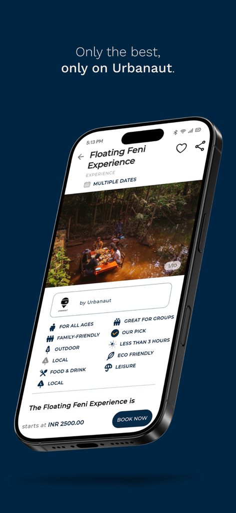 Urbanaut: Local Experiences - Mobile screen of Urbanaut app showing details for a curated floating feni tasting experience including price and booking button
