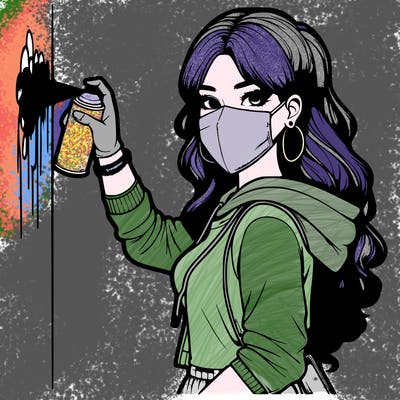 realistic girl with mask spray painting a wall