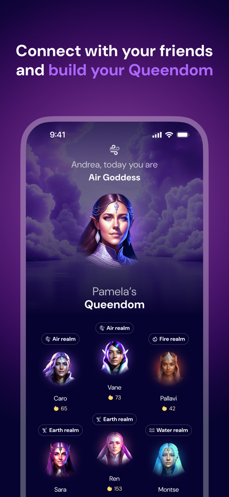 Interface of Musa app featuring a Queendom community screen with multiple AI goddess avatars and elemental realms