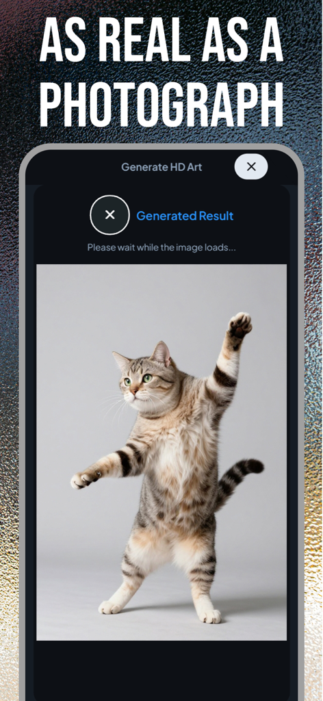AI Image Generator Anime Maker - A realistic AI generated photo of a cat standing and dancing on its hind legs inside the app interface