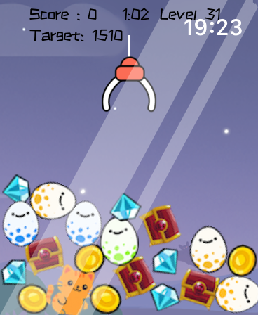 Watch Games - Claw Machine - Gameplay of Watch Games Claw Machine showing a digital claw above collectible items like diamonds and cute pets