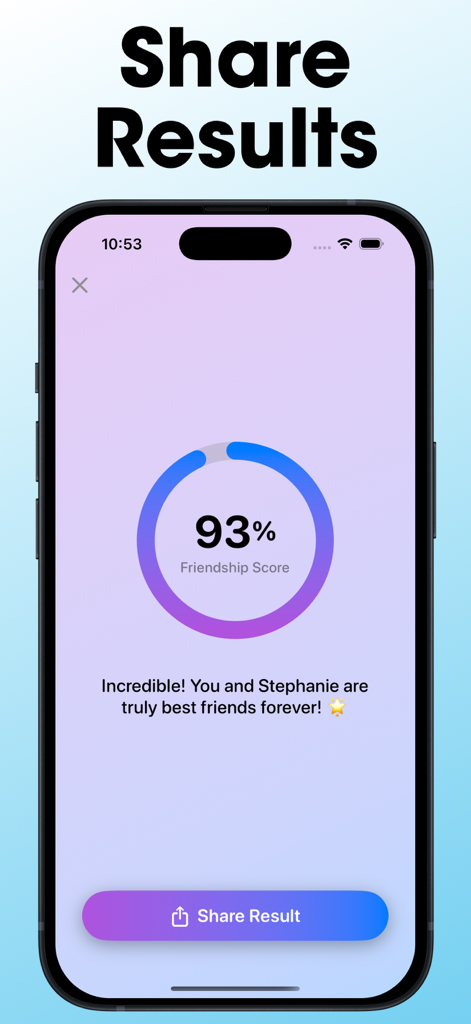 BFF 테스트 퀴즈에서 93%의 우정 점수를 표시하고 공유 버튼이 있는 스마트폰 화면.