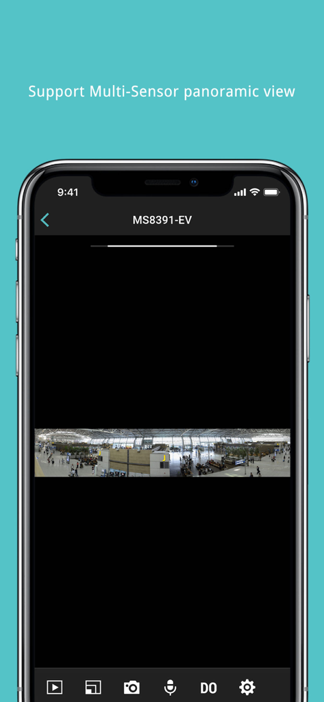 Pantalla de smartphone que muestra una transmisión de cámara de seguridad panorámica multisensor en la aplicación VIVOTEK iViewer.