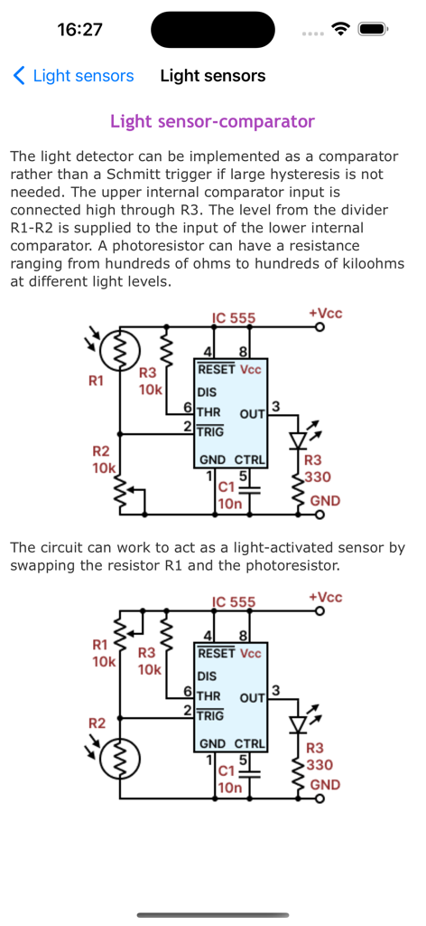 Technical circuit diagrams and tutorial for a light sensor comparator using an IC 555 timer