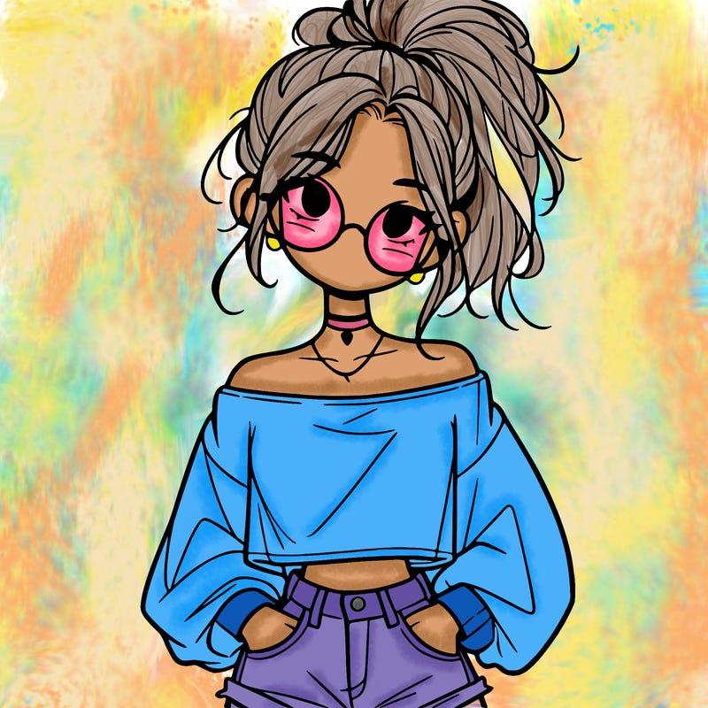 girl with a messy ponytail glasses a baggy crop top and jean shorts