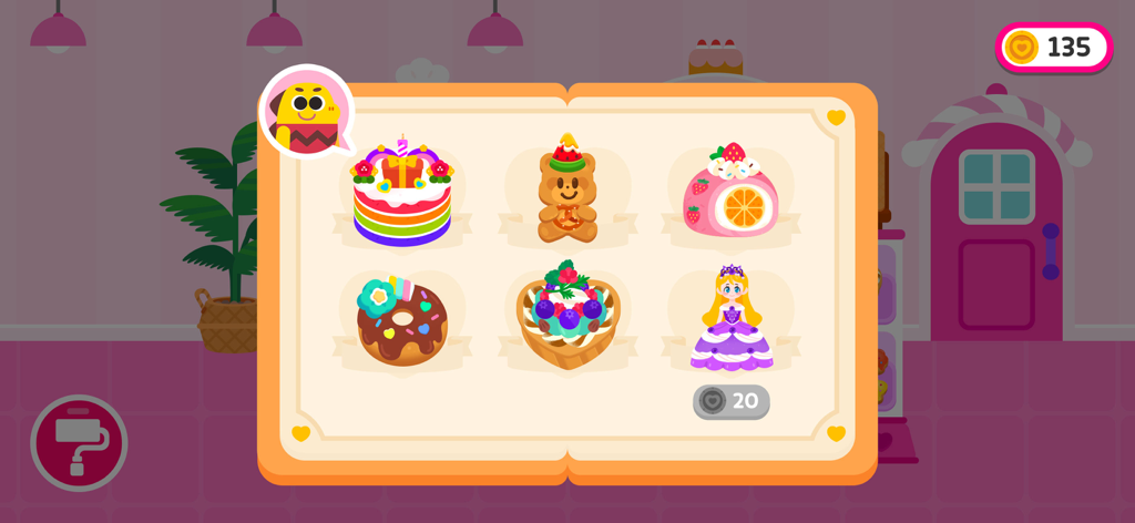 Cocobi Cake Maker - Un libro de selección de recetas en Cocobi Cake Maker mostrando opciones para un pastel arcoíris, galleta de oso, rollo de pastel, dona, tarta de frutas y pastel de princesa.