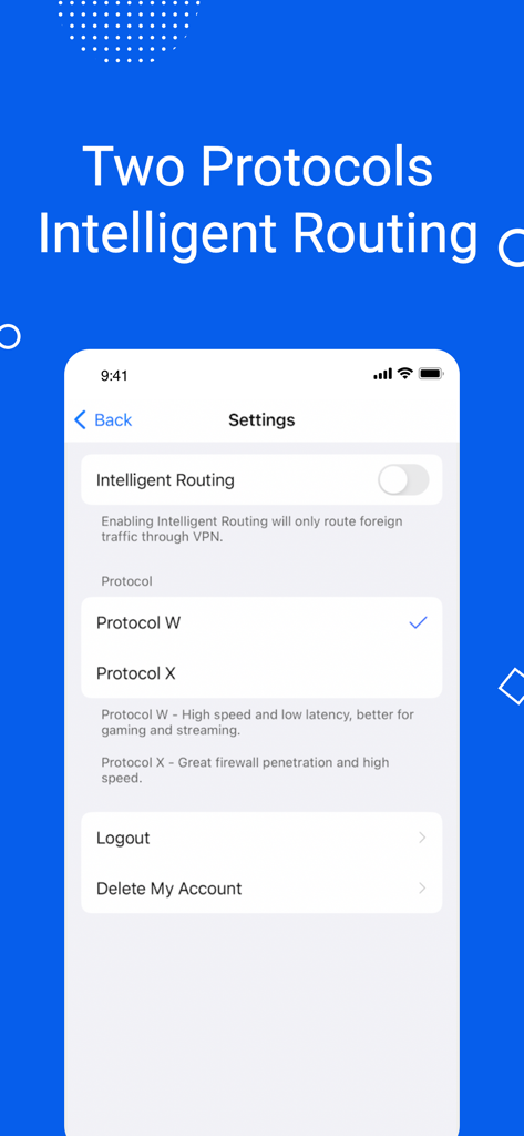 LeapVPN app settings for protocol selection and intelligent routing
