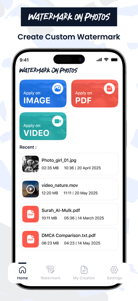 Add Watermark on Photos - Home screen of the Add Watermark on Photos mobile app displaying options for image, video, and PDF watermarking.