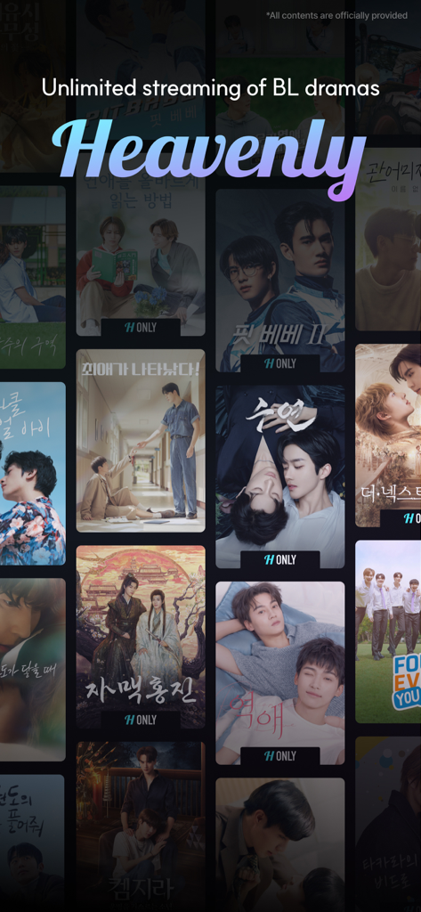Heavenly app interface showing a grid of BL drama movie posters and the text Unlimited streaming of BL dramas