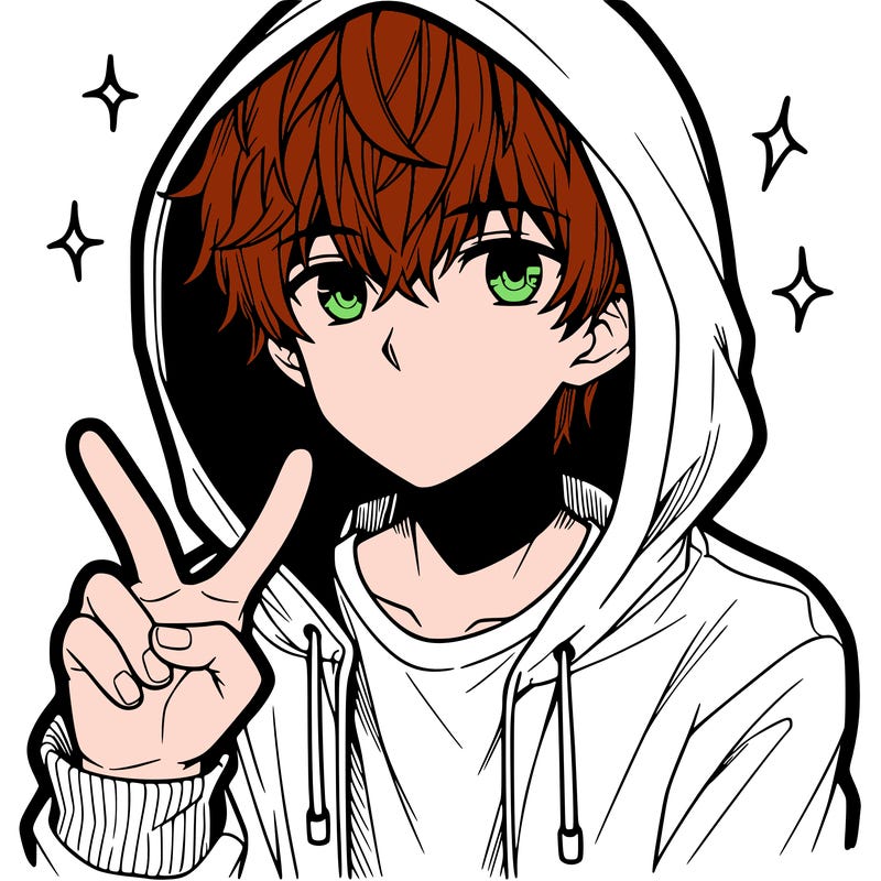 teenage manga boy in a hoodie, doing ✌