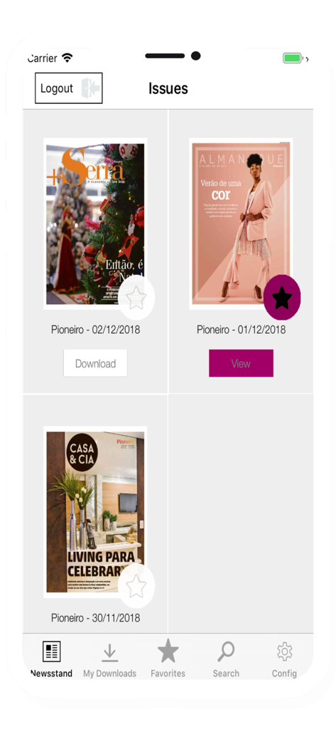 Pioneiro - Tela da banca de notícias digital do aplicativo Pioneiro exibindo várias edições de jornais locais