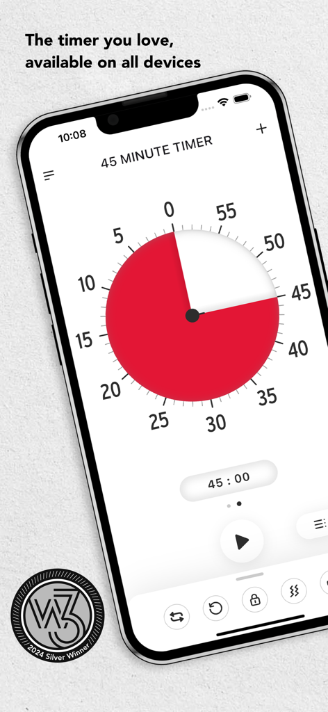 Time Timer app on iPhone showing a 45 minute visual red disk countdown
