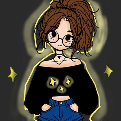 girl with a messy ponytail glasses a baggy crop top and jean shorts