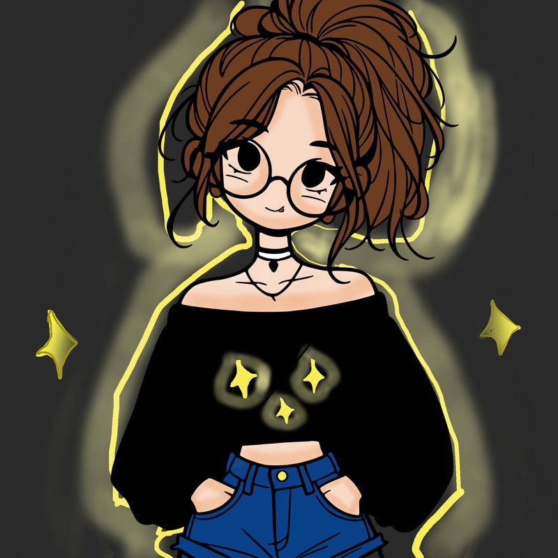 girl with a messy ponytail glasses a baggy crop top and jean shorts