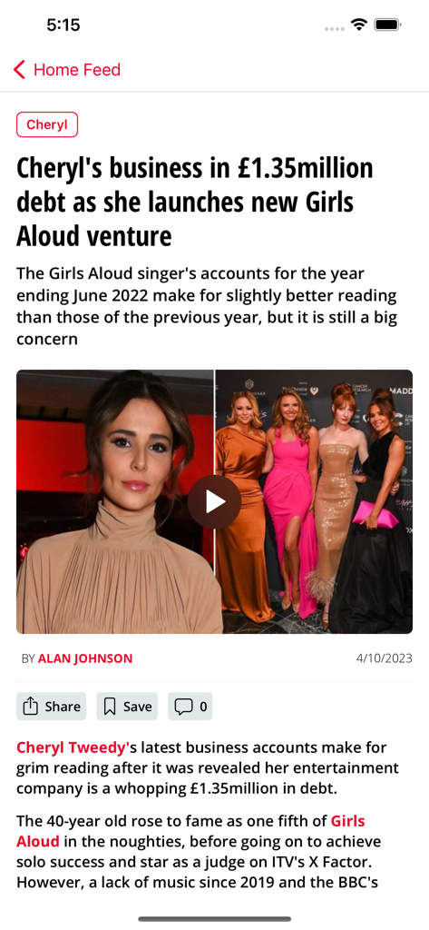 Un artículo del mundo del espectáculo sobre Cheryl Tweedy y Girls Aloud en la interfaz móvil de la App Daily Star.