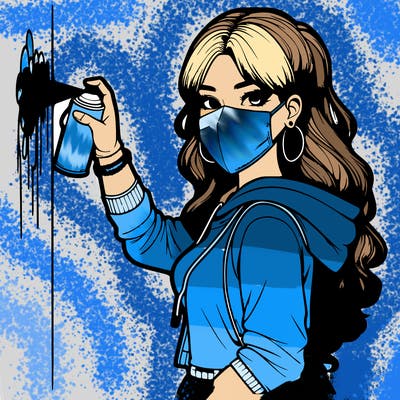 realistic girl with mask spray painting a wall