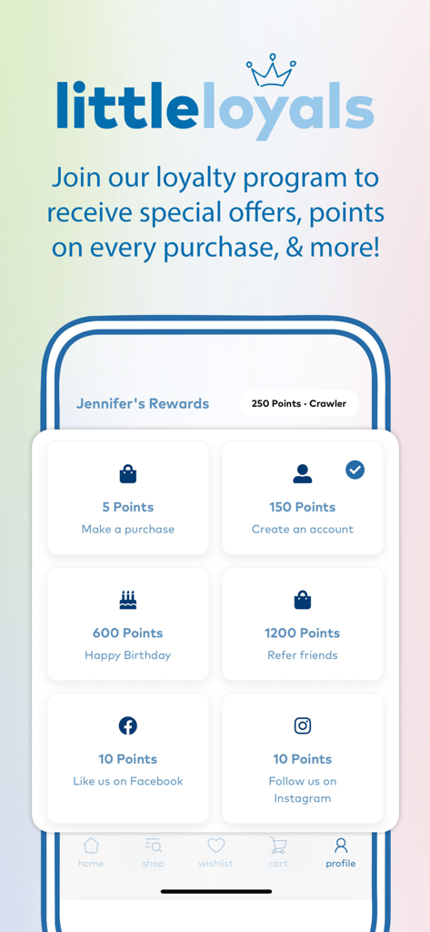 Stride Rite app rewards dashboard for the Little Loyals program showing points for purchases and social media engagement