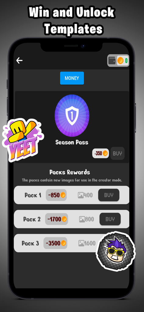 Tela de aplicativo móvel mostrando recompensas de passe de temporada e pacotes para desbloquear templates de skins do Roblox