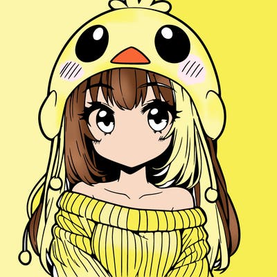 anime girl with chick shaped hat with sweater with bare shoulders with bangs covering them one eye with low tail