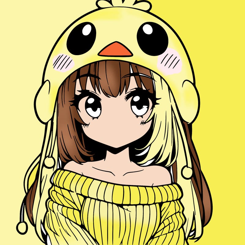 anime girl with chick shaped hat with sweater with bare shoulders with bangs covering them one eye with low tail