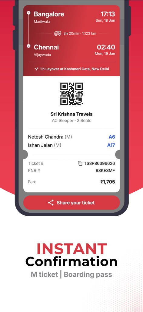 Digital bus ticket confirmation on the redBus app showing passenger details and QR code