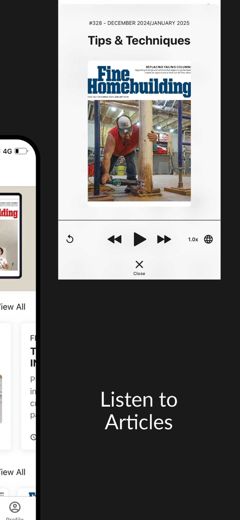 Fine Homebuilding Magazine - Fine Homebuilding app screen showing the Listen to Articles feature with audio controls