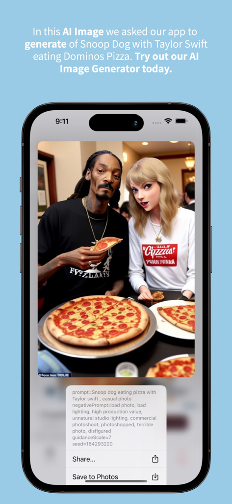KI-Bildgenerator-Funktion in der Pizza-Gutschein-App mit einem generierten Bild von Prominenten, die Pizza essen.