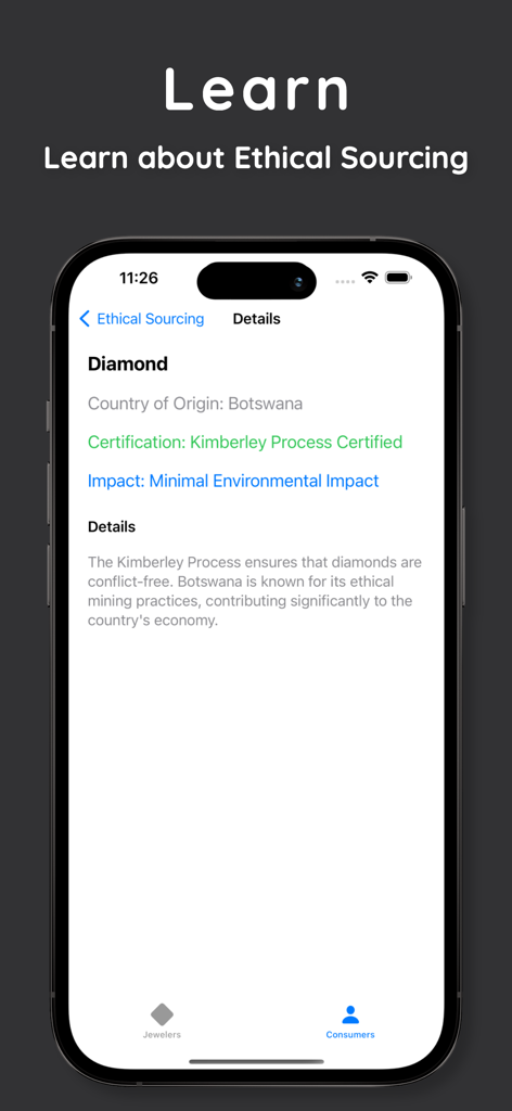 A smartphone screen displaying diamond ethical sourcing details including its country of origin in Botswana and Kimberley Process certification.