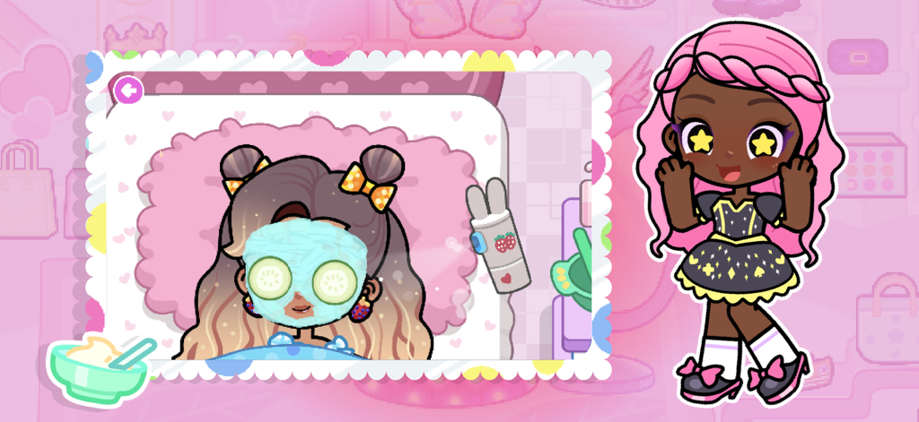 Gogo Mini World - Beauty Salon - Un personaje recibiendo un tratamiento facial en el spa del salón de belleza con rodajas de pepino.