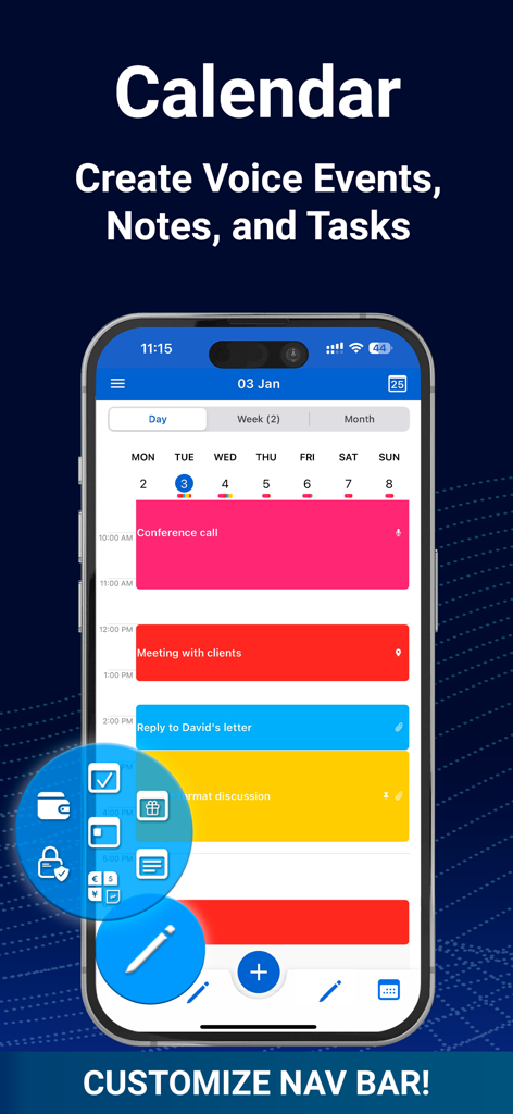 HUB: Calendar, Budget, Notes - HUB app interface showing a daily calendar view with colored task blocks and a customizable navigation menu.