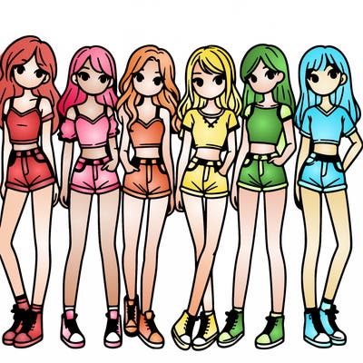a group of girls wearing crop tops and shorts