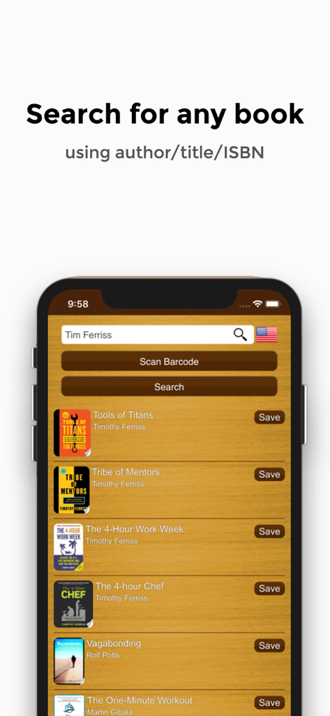 My Book List - Library Manager - Mobile app interface showing search results for books by Tim Ferriss on a wooden shelf background.