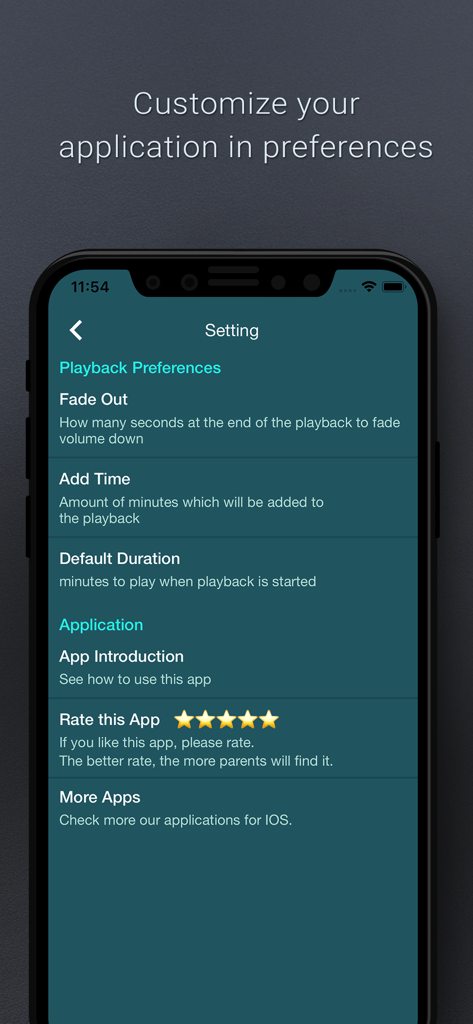 White Noise: Sleep Sounds - Écran des paramètres de l'application White Noise Sleep Sounds montrant les préférences de lecture comme le fondu et les paramètres de la minuterie