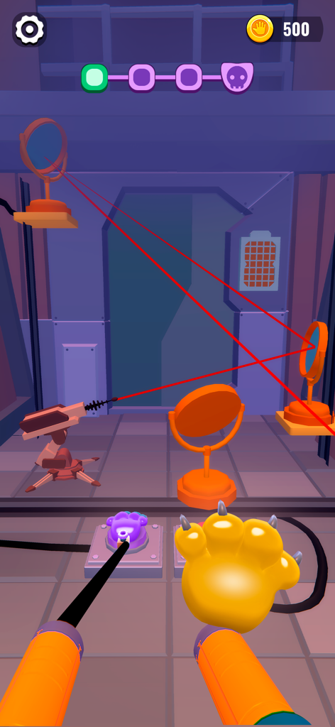 A first-person view of yellow and purple monster hands solving a red laser reflection puzzle with orange mirrors in a sci-fi setting.