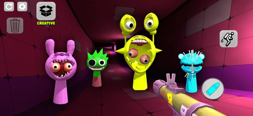First-person view of colorful monsters and a rocket launcher in a sandbox playground