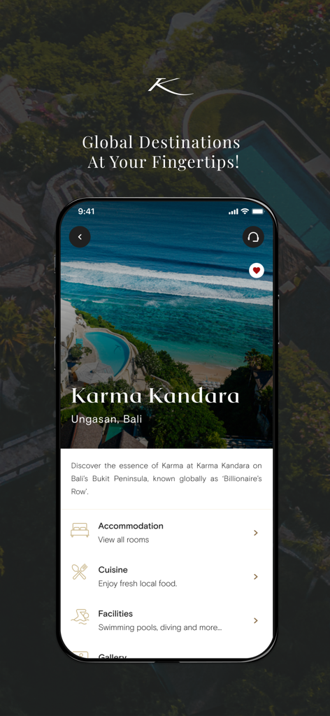 KARMA SUBITO - Smartphone showing the Karma Subito app interface with details for the Karma Kandara luxury resort in Bali