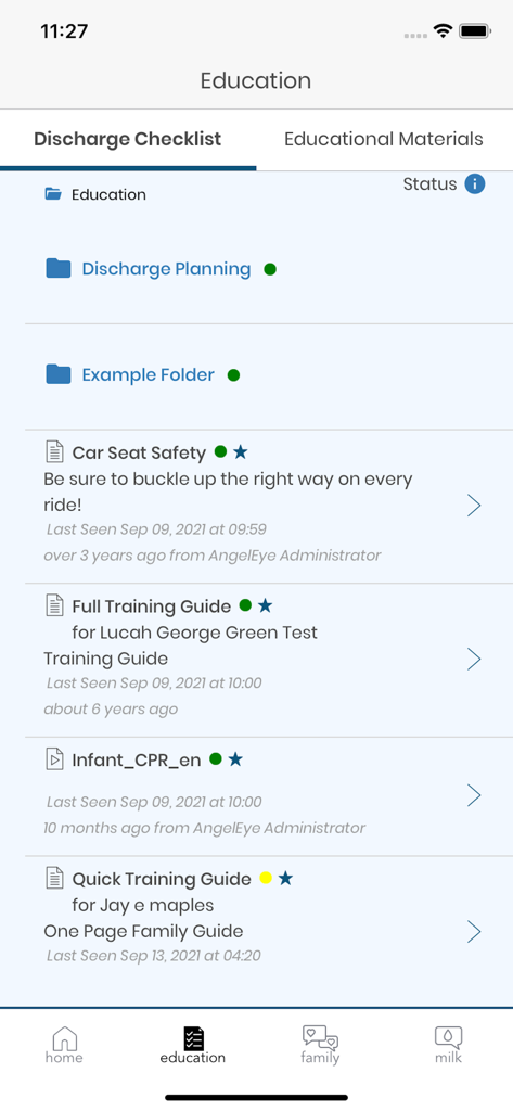 Angel Eye Mobile - Angel Eye Mobile app education screen showing a discharge checklist with safety guides and training materials for NICU parents.