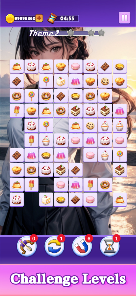 Beauties Onet - Pretty Match - Gameplay screen of Beauties Onet showing a grid of dessert tiles over a charming lady background image