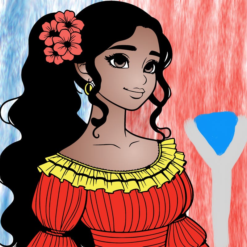 a single latina woman with a side ponytail and a long dress with ruffles. she has a few discreet flowers in her hair. realistic