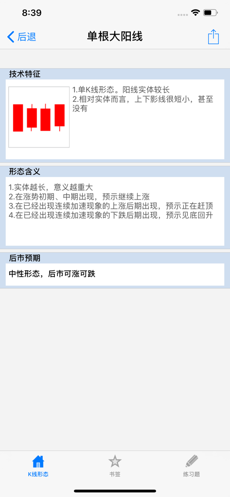 K线制胜 - A technical analysis screen from the K-Line Victory app describing a single big positive candlestick pattern
