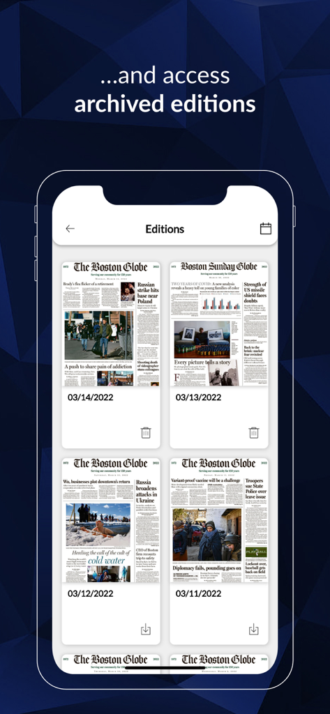 Interface of The Boston Globe ePaper app showing a list of archived past editions of the newspaper.