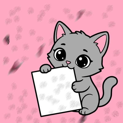 a small cat with a blank sheet of paper in its hand. the cat is sooooooo cute!