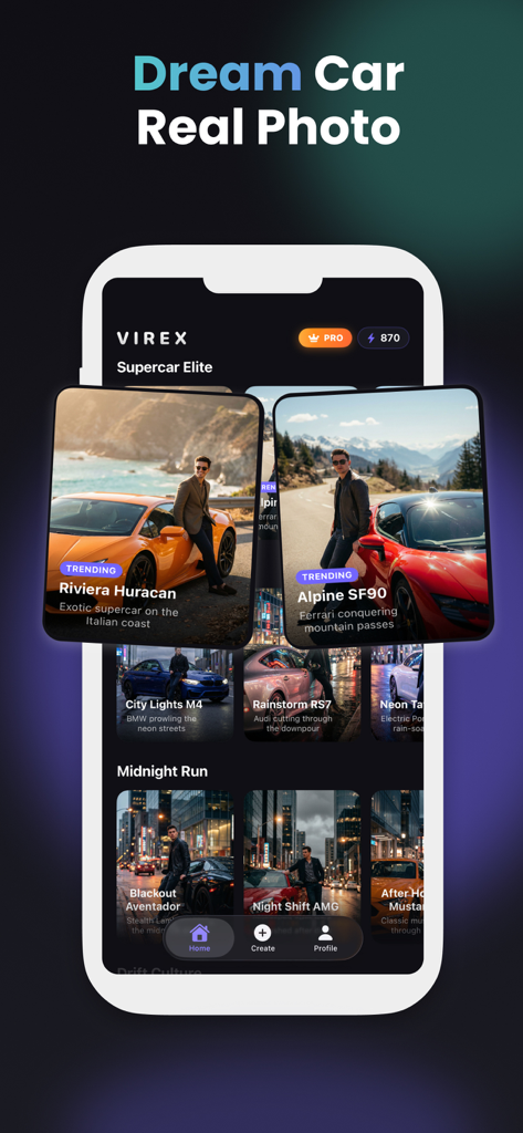 Virex app interface showing AI generated photos of a man posing with luxury supercars