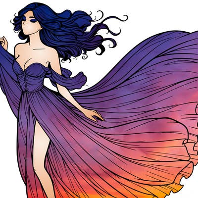 realistic woman in dress flowing the the wind