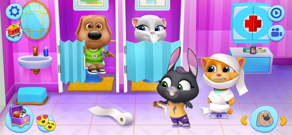 My Talking Tom Friends - Personagens de Talking Tom Ben Angela Becca e Ginger interagindo em um banheiro